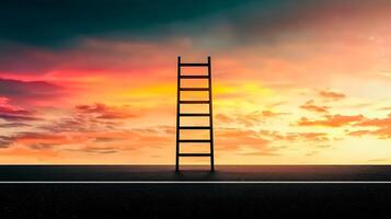 A solitary ladder stands on an empty road under a vibrant sunset, symbolizing aspiration and dreams photo