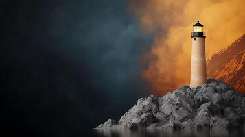 A solitary lighthouse stands on rugged rocks under a dramatic sky at sunset, symbolizing guidance photo