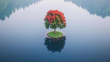 A solitary vibrant tree with autumn leaves reflecting in a serene lake surrounded by mountains photo
