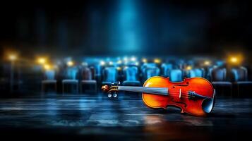 A solitary violin resting on a stage, illuminated by soft lights, with an audience in the background photo