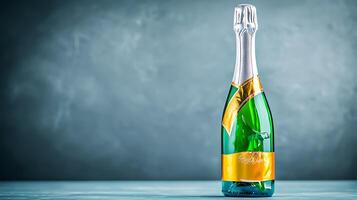 A sparkling wine bottle elegantly displayed on a textured background, highlighting its vibrant label photo