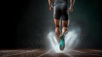 A sprinter launching off the track, creating a splash of water, with a dark background highlighting motion photo
