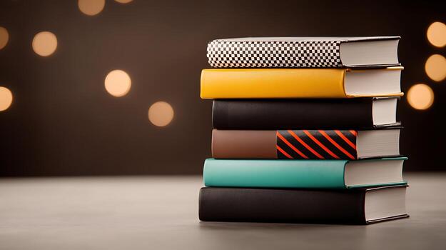 A stack of colorful books arranged neatly on a table with a blurred bokeh background photo