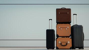A stack of colorful suitcases arranged neatly against a minimalist wall in a travel setting photo