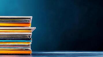A stack of colorful vinyl records resting on a dark surface with a blurred blue background photo