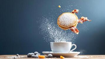 A stack of pancakes topped with bacon and powdered sugar flying over a coffee cup on a wooden table photo