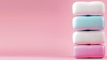 A stack of pastel-colored marshmallows on a soft pink background, perfect for food photography photo