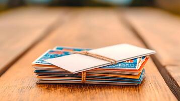 A stack of vintage postcards tied with twine on a rustic wooden table in a serene outdoor setting photo