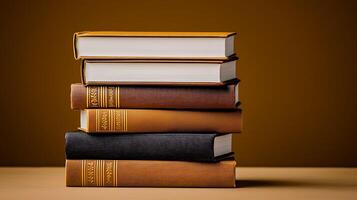 A stack of vintage books in warm tones on a simple background, perfect for educational themes photo