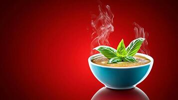 A steaming bowl of aromatic soup garnished with fresh basil leaves against a vibrant red background photo