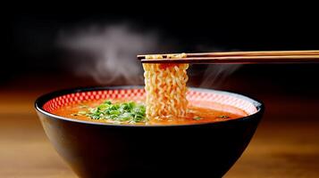 A steaming bowl of ramen with chopsticks lifting noodles, garnished with green onions in a dark setting photo