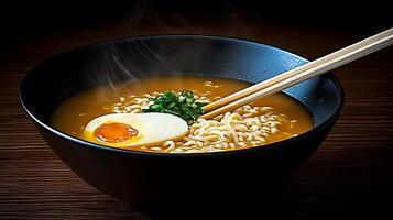 A steaming bowl of ramen with a soft-boiled egg and green onions, served in a dark setting photo