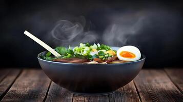 A steaming bowl of ramen topped with green onions, herbs, and a soft-boiled egg on a wooden table photo