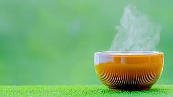 A steaming bowl of tea sits on a vibrant green grass surface, surrounded by a blurred nature backdrop photo