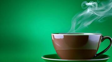 A steaming cup of coffee on a saucer against a vibrant green background, creating a cozy atmosphere photo