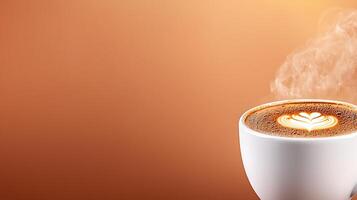 A steaming cup of coffee with latte art against a warm, gradient background, evoking comfort photo