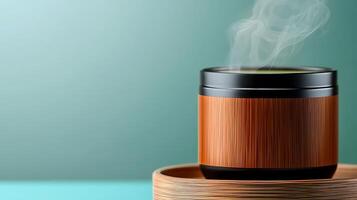 A steaming cup of herbal tea in a wooden container, set against a soothing gradient background photo