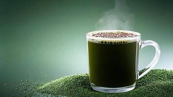 A steaming cup of green tea placed on a mound of tea leaves against a soft green backdrop photo