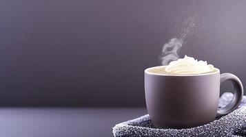 A steaming cup of coffee topped with whipped cream, set against a soft gradient background photo