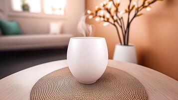 A steaming white cup placed on a round mat, with a cozy living room in the background photo