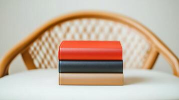 A stylish arrangement of three colorful books stacked on a modern chair in a minimalist setting photo