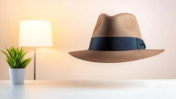 A stylish brown fedora hat floating above a minimalist desk with a plant and lamp in the background photo