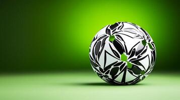 A stylish black and white soccer ball resting on a vibrant green background, showcasing modern design photo