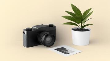 A stylish camera beside a potted plant and a printed photograph on a soft background photo