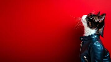 A stylish cat in a leather jacket gazes upwards against a vibrant red background, exuding confidence photo