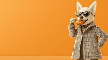 A stylish dog character wearing sunglasses and a coat, enjoying a donut against a vibrant orange backdrop photo