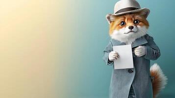 A stylish dog in a trench coat and hat holds a blank card against a gradient background photo