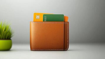 A stylish leather wallet with credit cards partially visible, set against a minimalist background photo