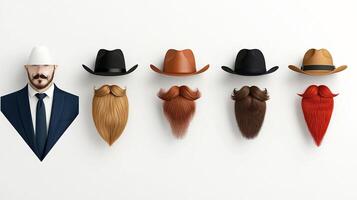 A stylish man in a suit with various hats and beards displayed against a minimalistic background photo