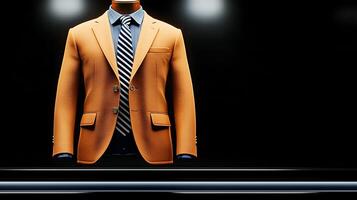 A stylish orange blazer displayed on a mannequin in a modern, minimalist showroom setting photo