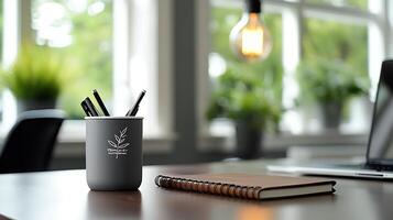 A stylish workspace featuring a gray pen holder with pens, a notebook, and greenery in the background photo