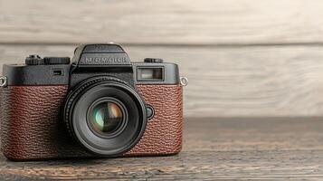 A stylish vintage camera on a rustic wooden table, capturing the essence of photography photo