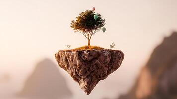 A surreal floating island with a tree and colorful balloons against a dreamy landscape backdrop photo