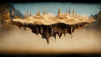 A surreal floating island above a misty landscape with trees and mountains in the background photo
