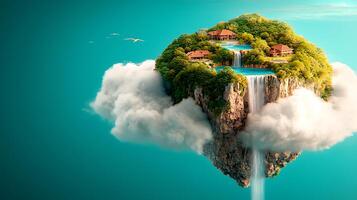 A surreal floating island with lush greenery and waterfalls, showcasing serene homes among clouds photo