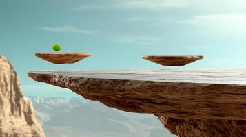 A surreal landscape featuring floating rock platforms with a small tree, set against a serene sky photo