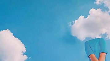 A surreal scene featuring a person with a cloud for a head against a bright blue sky photo