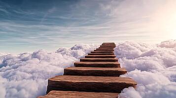 A surreal staircase ascending through fluffy clouds under a serene sky at sunset photo