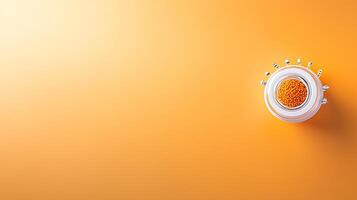 A top-down view of a round container filled with orange powder on a vibrant orange background photo