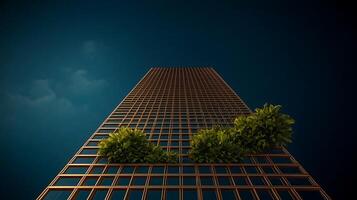 A towering skyscraper with greenery integrated into its design against a night sky backdrop photo
