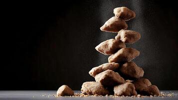 A towering stack of crispy, golden-brown nuggets with a sprinkle of seasoning on a dark background photo