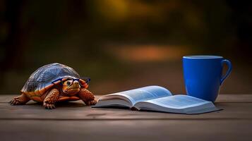 A turtle wearing glasses reads a book beside a blue mug on a wooden table in a serene park photo