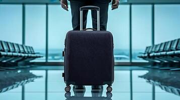 A traveler stands beside a suitcase in a modern airport terminal with empty seating photo