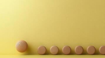 A textured sphere rolling towards a line of wooden discs on a bright yellow background photo