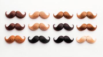 A variety of colorful faux mustaches arranged in a grid on a white background for playful use photo