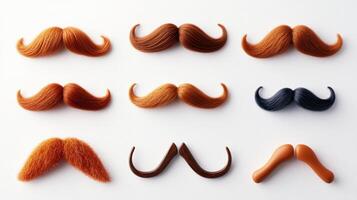 A variety of colorful mustaches arranged neatly on a white background, showcasing styles and textures photo